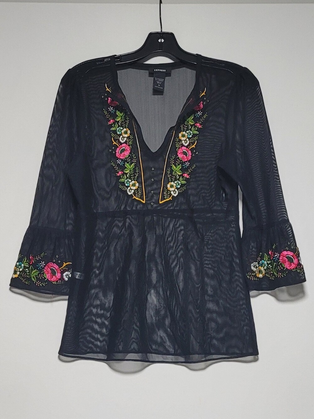 Boho, Whimsygoth, Coquette,   Express Sheer Black Top With Embroidered Flowers